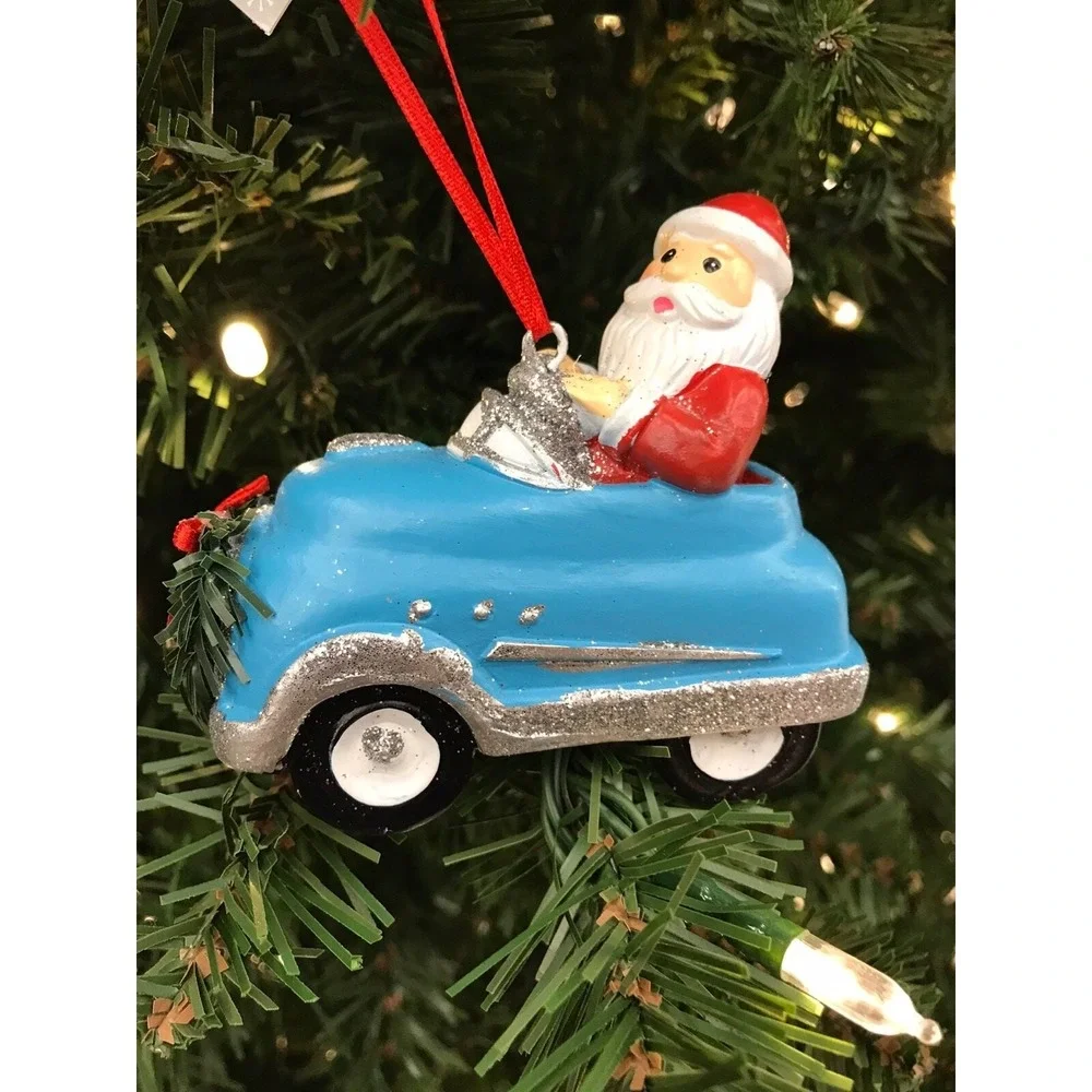 Santa Driving‎ Retro Blue & Silver Sports Car Christmas Ornament